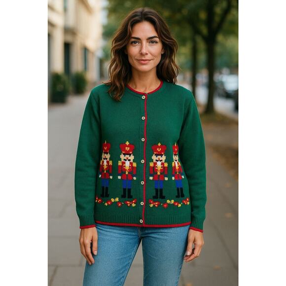 CHARTER CLUB Wool Holiday Sweater Green Cardigan Toy Soldier Nutcracker | L GUC - Picture 1 of 16
